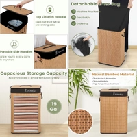 Luxe Home International LUXE HOME INTERNATIONAL Rectangle Bamboo Laundry Basket with Lid | Eco-Friendly, Foldable & Lightweight Organizer (Natural, 40x30x60 cm, Pack of 1) - 40x30x60, Beige