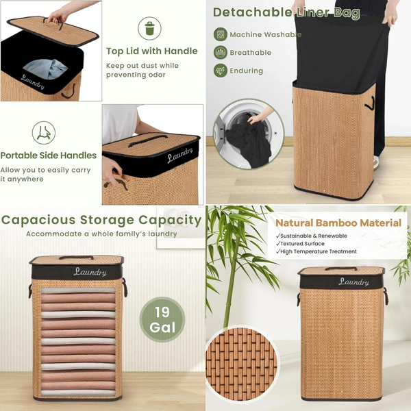 Luxe Home International LUXE HOME INTERNATIONAL Rectangle Bamboo Laundry Basket with Lid | Eco-Friendly, Foldable & Lightweight Organizer (Natural, 40x30x60 cm, Pack of 1) - 40x30x60, Beige
