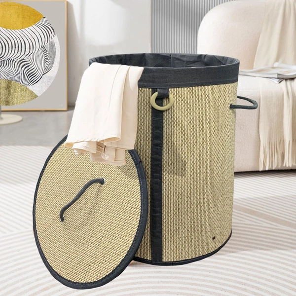 LUXE HOME INTERNATIONAL Round Bamboo Laundry Basket with Lid | Eco-Friendly, Foldable & Lightweight Organizer (Beige, 35x35x50 cm, Pack of 1)