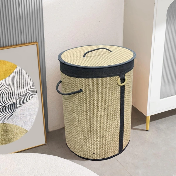 Luxe Home International LUXE HOME INTERNATIONAL Round Bamboo Laundry Basket with Lid | Eco-Friendly, Foldable & Lightweight Organizer (Beige, 35x35x50 cm, Pack of 1)