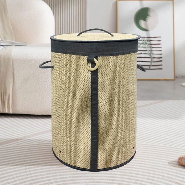 Luxe Home International LUXE HOME INTERNATIONAL Round Bamboo Laundry Basket with Lid | Eco-Friendly, Foldable & Lightweight Organizer (Beige, 35x35x50 cm, Pack of 1)