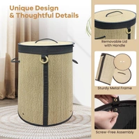 Luxe Home International LUXE HOME INTERNATIONAL Round Bamboo Laundry Basket with Lid | Eco-Friendly, Foldable & Lightweight Organizer (Beige, 35x35x50 cm, Pack of 1)