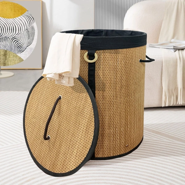 Luxe Home International LUXE HOME INTERNATIONAL Round Bamboo Laundry Basket with Lid | Eco-Friendly, Foldable & Lightweight Organizer (Natural, 35x35x50 cm, Pack of 1)
