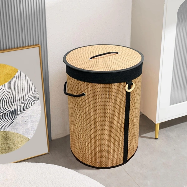 Luxe Home International LUXE HOME INTERNATIONAL Round Bamboo Laundry Basket with Lid | Eco-Friendly, Foldable & Lightweight Organizer (Natural, 35x35x50 cm, Pack of 1)