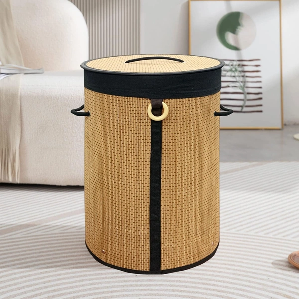 Luxe Home International LUXE HOME INTERNATIONAL Round Bamboo Laundry Basket with Lid | Eco-Friendly, Foldable & Lightweight Organizer (Natural, 35x35x50 cm, Pack of 1)