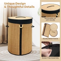 Luxe Home International LUXE HOME INTERNATIONAL Round Bamboo Laundry Basket with Lid | Eco-Friendly, Foldable & Lightweight Organizer (Natural, 35x35x50 cm, Pack of 1)