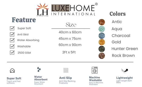 LUXE HOME INTERNATIONAL BathmatHawaiiMicrofiber2500GSMAnti-Skid(Gold,45Cmx75Cm,Packof1) - Gold