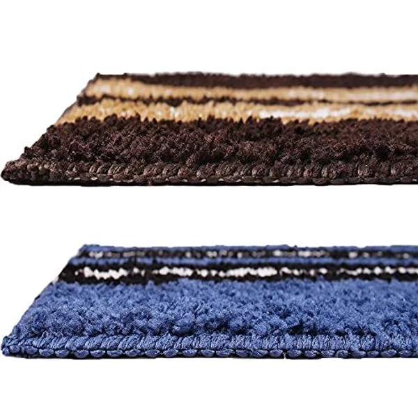 LUXE HOME INTERNATIONAL Bathmat Stripe Microfiber 1600 GSM Anti-Skid ( Blue, Chocolate , 38 Cm x 58 Cm , Pack of 2 ) - Blue, Chocolate