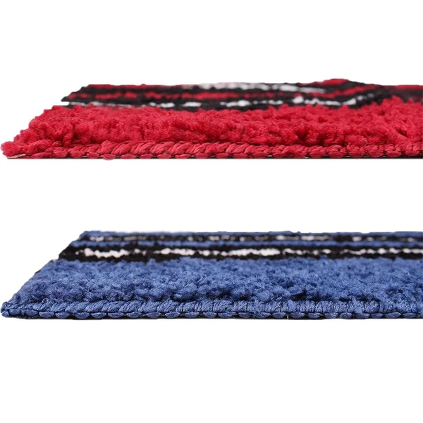 LUXE HOME INTERNATIONAL Bathmat Stripe Microfiber 1600 GSM Anti-Skid ( Blue, Maroon , 38 Cm x 58 Cm , Pack of 2 ) - Blue, Maroon