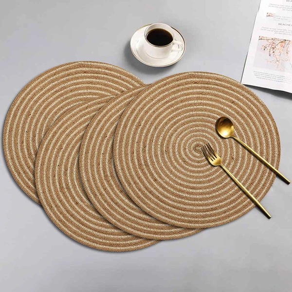 LUXE HOME INTERNATIONAL Set of 2 Braided Jute Cotton placemats, 15 Inch Round, Best for Dining Table (Beige , 38 CM x 38 CM , Pack of 4 ) - Beige