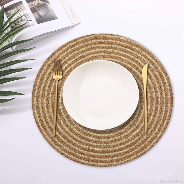 LUXE HOME INTERNATIONAL Setof2BraidedJuteCottonplacemats,15InchRound,BestforDiningTable(Beige,38CMx38CM,Packof2) - Beige