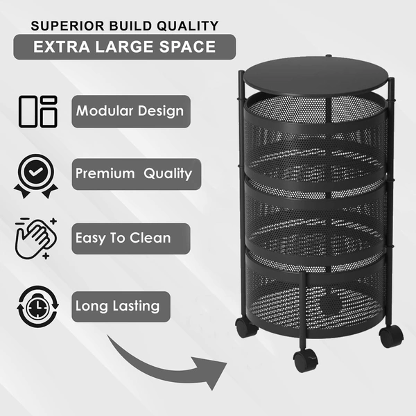 Luxe Home International Storage Trolley Round , 3-Tier Revolving Vegetable Kitchen Rack , Square Multipurpose Storage Rack with Wheels , Metal Fruit Storage Rack , Kitchen Spice Rack (Black 32x32x60) - 32x32x60 Cm, Black, 1 Pc Stainless Steel With Weels Storage Trolley