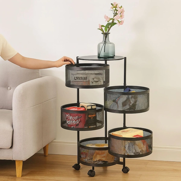 Luxe Home International Storage Trolley Round , 5-Tier Revolving Vegetable Kitchen Rack , Square Multipurpose Storage Rack with Wheels , Metal Fruit Storage Rack , Kitchen Spice Rack (Black 32x32x90) - 32x32x90 Cm, Black, 1 Pc Stainless Steel With Weels Storage Trolley