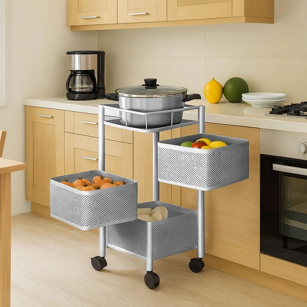 Luxe Home International Storage Trolley Square , 3-Tier Revolving Vegetable Kitchen Rack , Square Multipurpose Storage Rack with Wheels , Metal Fruit Storage Rack, Kitchen Spice Rack (Silver 29x29x65) - 28.5x28.5x65 Cm, Silver, 1 Pc Stainless Steel With Weels Storage Trolley