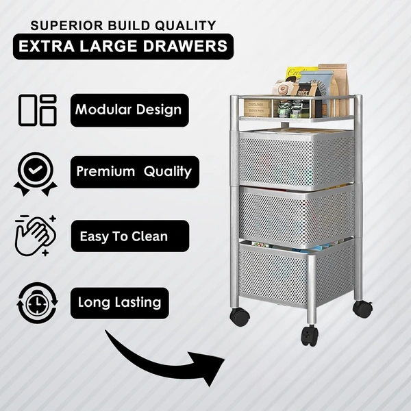 Luxe Home International Storage Trolley Square , 3-Tier Revolving Vegetable Kitchen Rack , Square Multipurpose Storage Rack with Wheels , Metal Fruit Storage Rack, Kitchen Spice Rack (Silver 29x29x65) - 28.5x28.5x65 Cm, Silver, 1 Pc Stainless Steel With Weels Storage Trolley