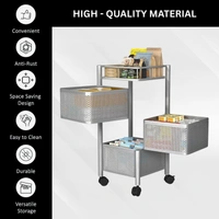 Luxe Home International Storage Trolley Square , 3-Tier Revolving Vegetable Kitchen Rack , Square Multipurpose Storage Rack with Wheels , Metal Fruit Storage Rack, Kitchen Spice Rack (Silver 29x29x65) - 28.5x28.5x65 Cm, Silver, 1 Pc Stainless Steel With Weels Storage Trolley
