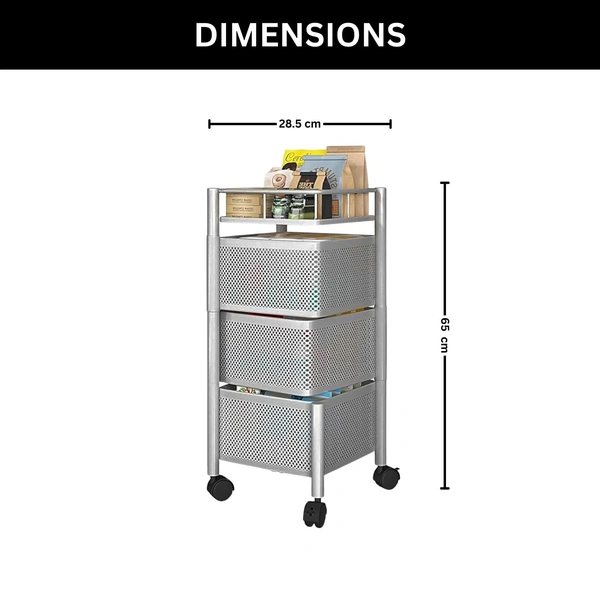 Luxe Home International Storage Trolley Square , 3-Tier Revolving Vegetable Kitchen Rack , Square Multipurpose Storage Rack with Wheels , Metal Fruit Storage Rack, Kitchen Spice Rack (Silver 29x29x65) - 28.5x28.5x65 Cm, Silver, 1 Pc Stainless Steel With Weels Storage Trolley