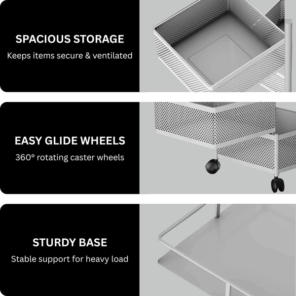 Luxe Home International Storage Trolley Square , 3-Tier Revolving Vegetable Kitchen Rack , Square Multipurpose Storage Rack with Wheels , Metal Fruit Storage Rack, Kitchen Spice Rack (Silver 29x29x65) - 28.5x28.5x65 Cm, Silver, 1 Pc Stainless Steel With Weels Storage Trolley