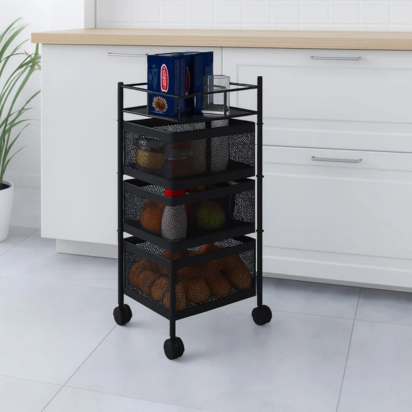 Luxe Home International Storage Trolley Square 3-Tier Revolving Vegetable Kitchen Rack, Square Multipurpose Storage Rack with Wheels, Metal Fruit Storage Rack, Kitchen Spice Rack (Black 28.5x28.5x65) - 28.5x28.5x65 Cm, Black, 1 Pc Stainless Steel With Weels Storage Trolley
