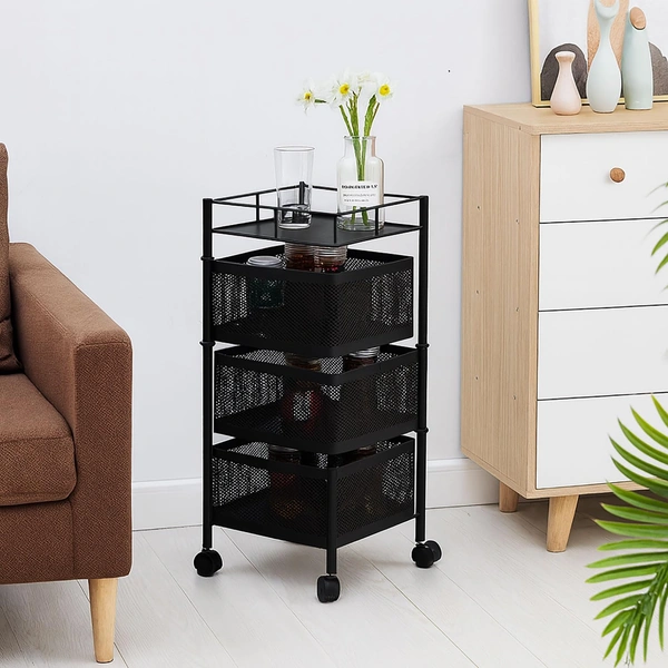 Luxe Home International Storage Trolley Square 3-Tier Revolving Vegetable Kitchen Rack, Square Multipurpose Storage Rack with Wheels, Metal Fruit Storage Rack, Kitchen Spice Rack (Black 28.5x28.5x65) - 28.5x28.5x65 Cm, Black, 1 Pc Stainless Steel With Weels Storage Trolley