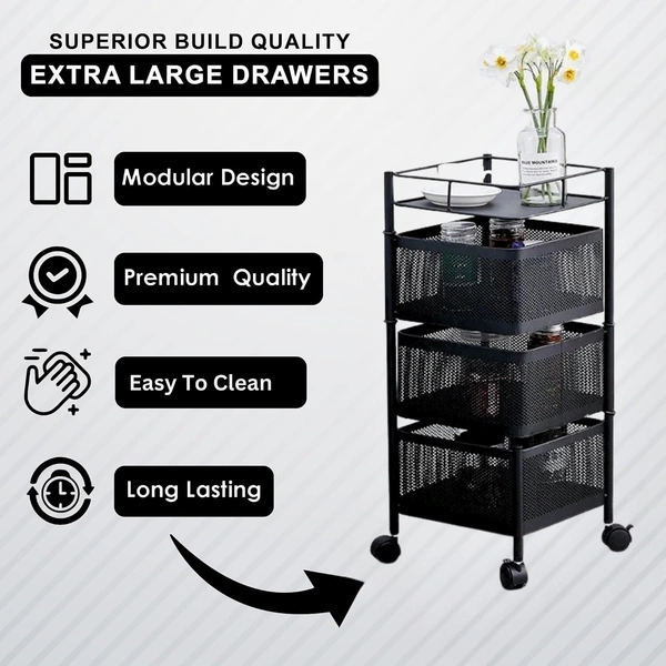 Luxe Home International Storage Trolley Square 3-Tier Revolving Vegetable Kitchen Rack, Square Multipurpose Storage Rack with Wheels, Metal Fruit Storage Rack, Kitchen Spice Rack (Black 28.5x28.5x65) - 28.5x28.5x65 Cm, Black, 1 Pc Stainless Steel With Weels Storage Trolley