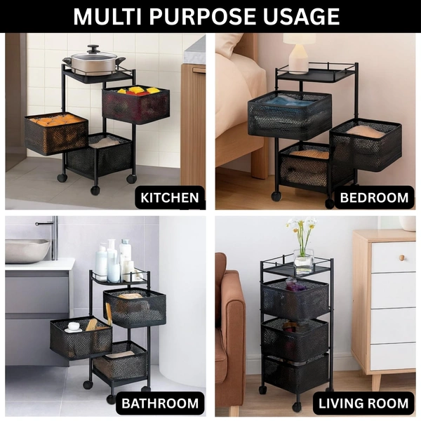 Luxe Home International Storage Trolley Square 3-Tier Revolving Vegetable Kitchen Rack, Square Multipurpose Storage Rack with Wheels, Metal Fruit Storage Rack, Kitchen Spice Rack (Black 28.5x28.5x65) - 28.5x28.5x65 Cm, Black, 1 Pc Stainless Steel With Weels Storage Trolley