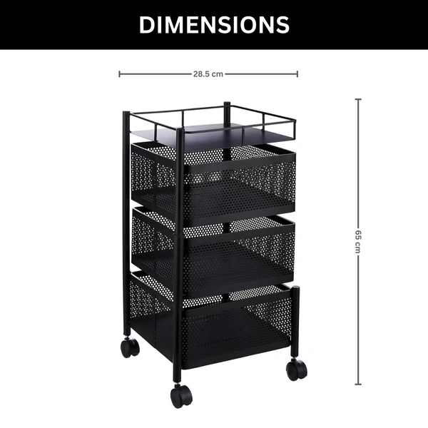 Luxe Home International Storage Trolley Square 3-Tier Revolving Vegetable Kitchen Rack, Square Multipurpose Storage Rack with Wheels, Metal Fruit Storage Rack, Kitchen Spice Rack (Black 28.5x28.5x65) - 28.5x28.5x65 Cm, Black, 1 Pc Stainless Steel With Weels Storage Trolley