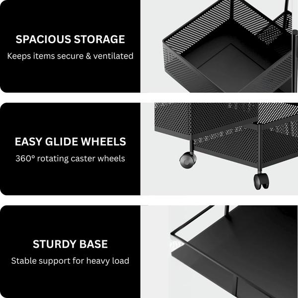 Luxe Home International Storage Trolley Square , 4-Tier Revolving Vegetable Kitchen Rack , Square Multipurpose Storage Rack with Wheels , Metal Fruit Storage Rack, Kitchen Spice Rack (Black 29x29x80) - 28.5x28.5x80 Cm, Black, 1 Pc Stainless Steel With Weels Storage Trolley