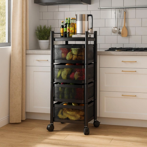Luxe Home International Storage Trolley Square , 4-Tier Revolving Vegetable Kitchen Rack , Square Multipurpose Storage Rack with Wheels , Metal Fruit Storage Rack, Kitchen Spice Rack (Black 29x29x80) - 28.5x28.5x80 Cm, Black, 1 Pc Stainless Steel With Weels Storage Trolley