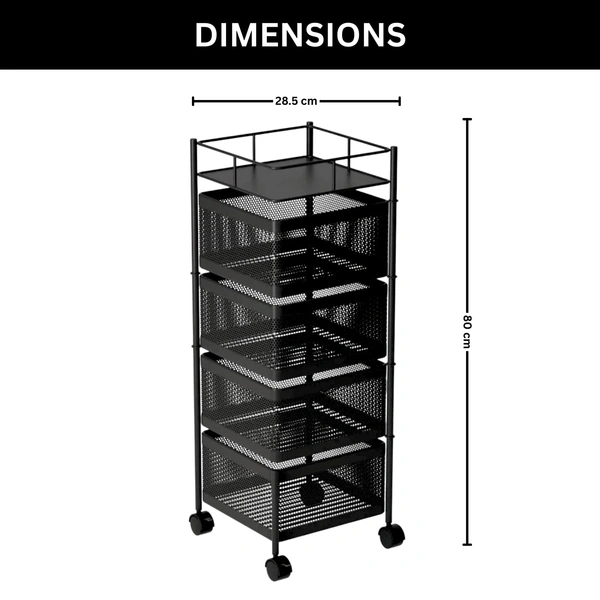 Luxe Home International Storage Trolley Square , 4-Tier Revolving Vegetable Kitchen Rack , Square Multipurpose Storage Rack with Wheels , Metal Fruit Storage Rack, Kitchen Spice Rack (Black 29x29x80) - 28.5x28.5x80 Cm, Black, 1 Pc Stainless Steel With Weels Storage Trolley