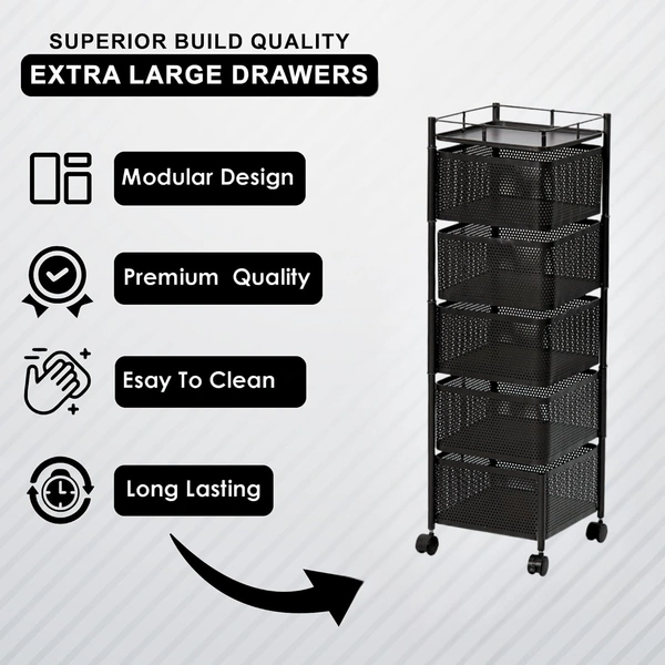 Luxe Home International Storage Trolley Square , 5-Tier Revolving Vegetable Kitchen Rack , Square Multipurpose Storage Rack with Wheels , Metal Fruit Storage Rack , Kitchen Spice Rack (Black 29x29x95) - 28.5x28.5x95 Cm, Black, 1 Pc Stainless Steel With Weels Storage Trolley