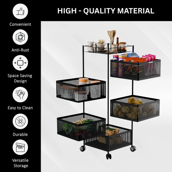 Luxe Home International Storage Trolley Square , 5-Tier Revolving Vegetable Kitchen Rack , Square Multipurpose Storage Rack with Wheels , Metal Fruit Storage Rack , Kitchen Spice Rack (Black 29x29x95) - 28.5x28.5x95 Cm, Black, 1 Pc Stainless Steel With Weels Storage Trolley
