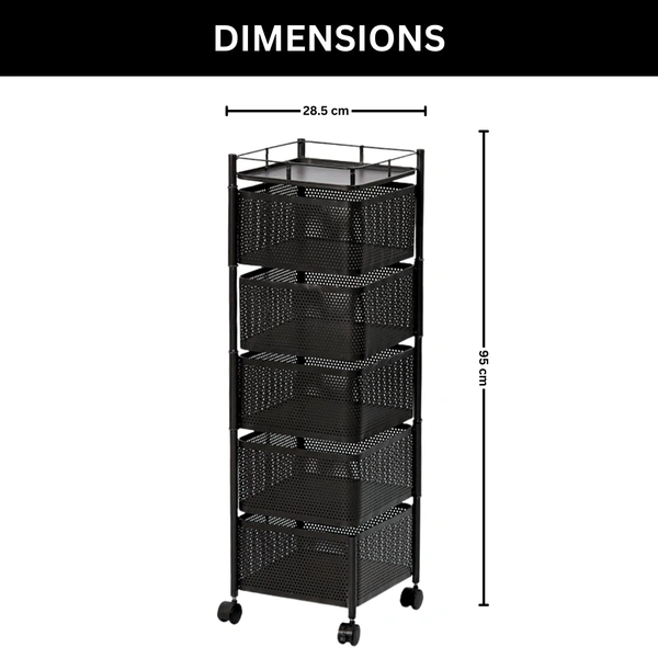 Luxe Home International Storage Trolley Square , 5-Tier Revolving Vegetable Kitchen Rack , Square Multipurpose Storage Rack with Wheels , Metal Fruit Storage Rack , Kitchen Spice Rack (Black 29x29x95) - 28.5x28.5x95 Cm, Black, 1 Pc Stainless Steel With Weels Storage Trolley