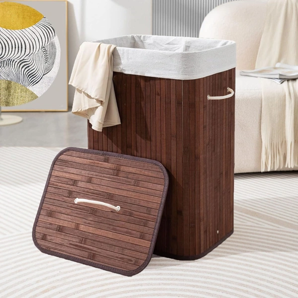 LUXE HOME INTERNATIONAL Stripe Bamboo Laundry Basket with Lid | Eco-Friendly, Foldable & Lightweight Organizer (Brown, 40x30x60 cm, Pack of 1)