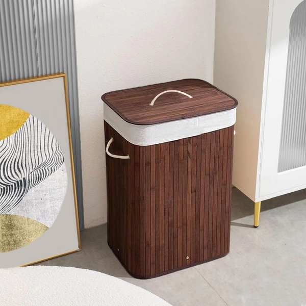 Luxe Home International LUXE HOME INTERNATIONAL Stripe Bamboo Laundry Basket with Lid | Eco-Friendly, Foldable & Lightweight Organizer (Brown, 40x30x60 cm, Pack of 1) - 40x30x60, Brown