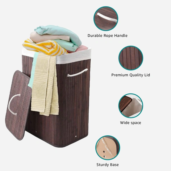 Luxe Home International LUXE HOME INTERNATIONAL Stripe Bamboo Laundry Basket with Lid | Eco-Friendly, Foldable & Lightweight Organizer (Brown, 40x30x60 cm, Pack of 1) - 40x30x60, Brown