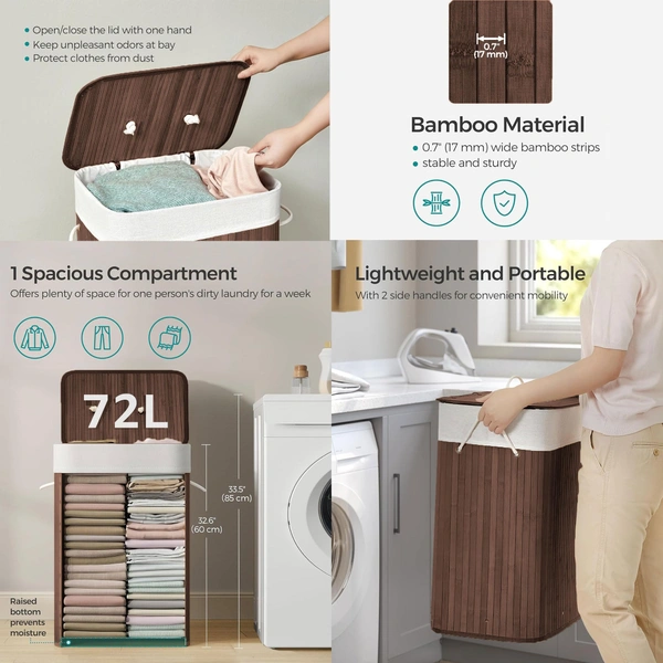 Luxe Home International LUXE HOME INTERNATIONAL Stripe Bamboo Laundry Basket with Lid | Eco-Friendly, Foldable & Lightweight Organizer (Brown, 40x30x60 cm, Pack of 1) - 40x30x60, Brown