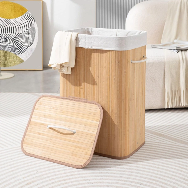Luxe Home International LUXE HOME INTERNATIONAL Stripe Bamboo Laundry Basket with Lid | Eco-Friendly, Foldable & Lightweight Organizer (Natural, 40x30x60 cm, Pack of 1) - 40x30x60, Natural