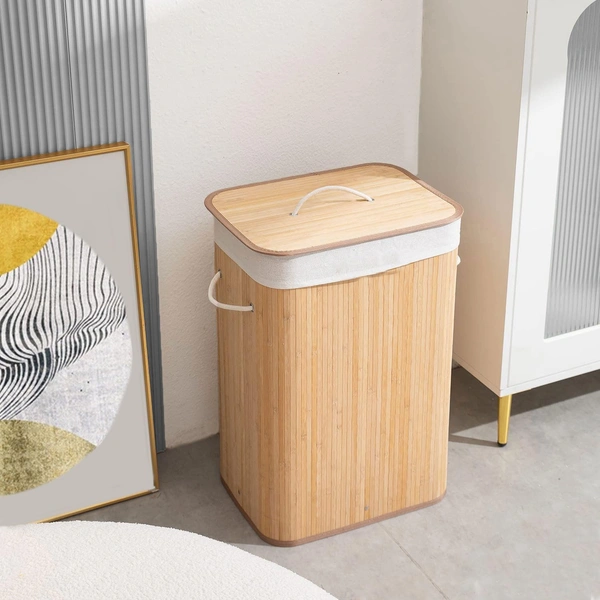 Luxe Home International LUXE HOME INTERNATIONAL Stripe Bamboo Laundry Basket with Lid | Eco-Friendly, Foldable & Lightweight Organizer (Natural, 40x30x60 cm, Pack of 1) - 40x30x60, Natural