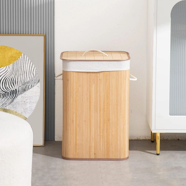 Luxe Home International LUXE HOME INTERNATIONAL Stripe Bamboo Laundry Basket with Lid | Eco-Friendly, Foldable & Lightweight Organizer (Natural, 40x30x60 cm, Pack of 1) - 40x30x60, Natural