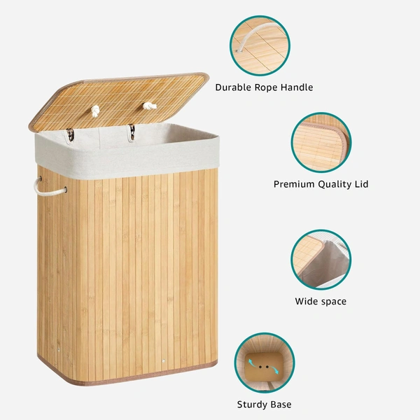 Luxe Home International LUXE HOME INTERNATIONAL Stripe Bamboo Laundry Basket with Lid | Eco-Friendly, Foldable & Lightweight Organizer (Natural, 40x30x60 cm, Pack of 1) - 40x30x60, Natural