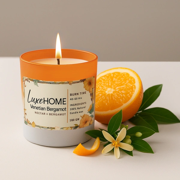 Luxe Home International Venetian Bergamot Scented Candle 7.5x7 cm for Home Decor Bedroom Living Room Spa Bathroom Party Romantic Dinner and Gifting Pack of 1 Candle - 7.5x7cm, Orange