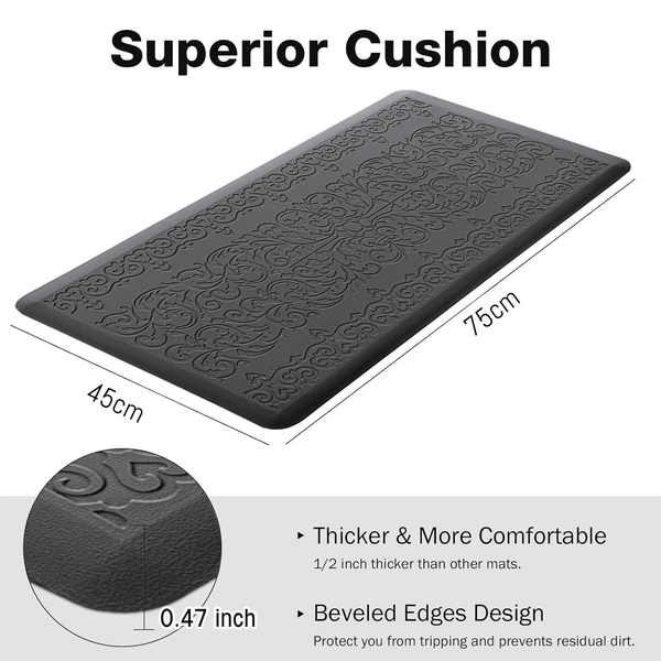 LUXE HOME INTERNATIONAL Luxe Home Jersey Damask Anti-Fatigue (45x75 cm) Kitchen Mat Black , Cushioned Support, Stylish and Durable, Easy to Clean, Non-Slip Bottom , Ideal for Kitchen, Desk, Laundry, Garage - 45x75 cm, Black