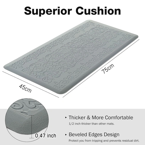 LUXE HOME INTERNATIONAL Luxe Home Jersey Damask Anti-Fatigue (45x75 cm) Kitchen Mat Grey , Cushioned Support, Stylish and Durable, Easy to Clean, Non-Slip Bottom , Ideal for Kitchen, Desk, Laundry, Garage - 45x75 cm, Grey