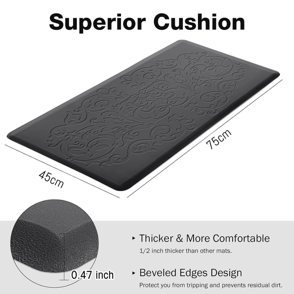 LUXE HOME INTERNATIONAL Luxe Home Jersey Floral Anti-Fatigue (45x75 cm) Kitchen Mat Black , Cushioned Support, Stylish and Durable, Easy to Clean, Non-Slip Bottom , Ideal for Kitchen, Desk, Laundry, Garage - 45x75 cm, Black