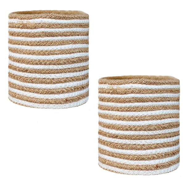 LUXE HOME INTERNATIONAL Luxe Home Jute Planter Pots or Storing Basket For Storage In Kitchen Pantry Or Bedroom ( Stripe Brown, 6"x6", Pack of 2 ) - Stripe Brown