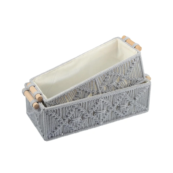 Luxe Home International Luxe Home Macrame Storage Basket Handmade Cotton Storage Organizer with Wooden Handles, Durable Woven Decorative Basket for Home & Office, Crose Silver-(34x19x13 cm)- Pack of 2 - 34x19x13 Cm, Crose Silver