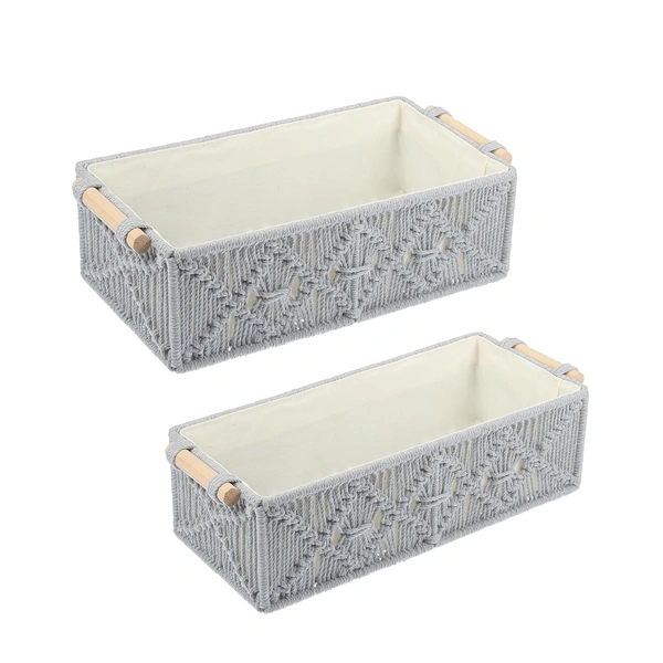 Luxe Home International Luxe Home Macrame Storage Basket Handmade Cotton Storage Organizer with Wooden Handles, Durable Woven Decorative Basket for Home & Office, Crose Silver-(34x19x13 cm)- Pack of 2 - 34x19x13 Cm, Crose Silver