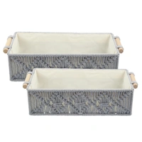 Luxe Home International Luxe Home Macrame Storage Basket Handmade Cotton Storage Organizer with Wooden Handles, Durable Woven Decorative Basket for Home & Office, Crose Silver-(34x19x13 cm)- Pack of 2 - 34x19x13 Cm, Crose Silver