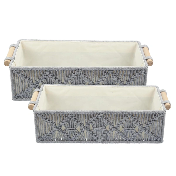 Luxe Home International Luxe Home Macrame Storage Basket Handmade Cotton Storage Organizer with Wooden Handles, Durable Woven Decorative Basket for Home & Office, Crose Silver-(34x19x13 cm)- Pack of 2 - 34x19x13 Cm, Crose Silver